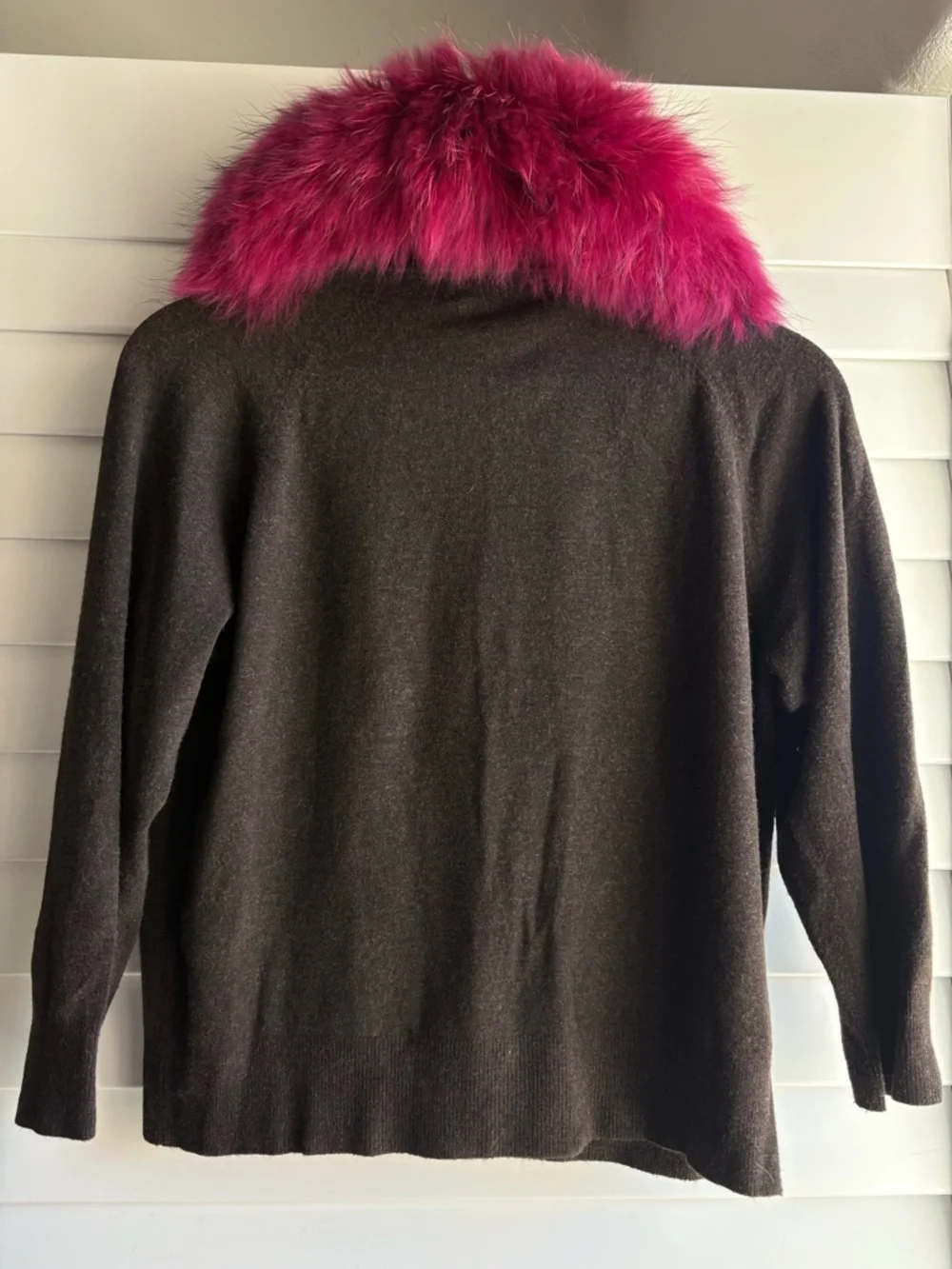Cynthia Steffe Brown Knit Cardigan with Fuchsia Fur Collar